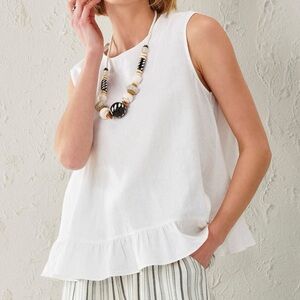 Charlie Paige Tulip Ruffle Linen Top with Open Back, White, Size Medium